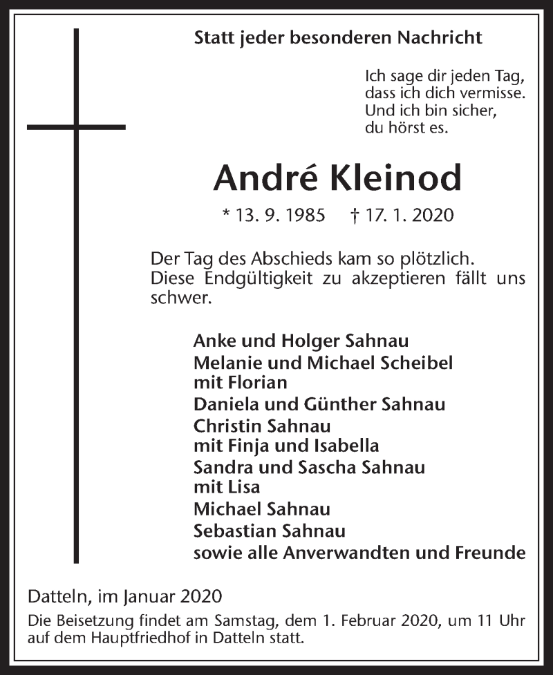  Traueranzeige für Andre Kleinod vom 29.01.2020 aus Medienhaus Bauer
