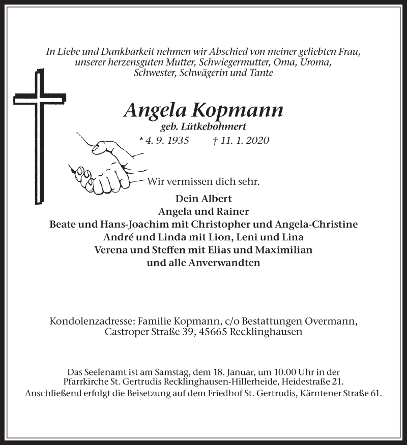  Traueranzeige für Angela Kopmann vom 15.01.2020 aus Medienhaus Bauer