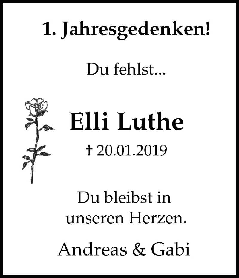  Traueranzeige für Elli Luthe vom 20.01.2020 aus Medienhaus Bauer