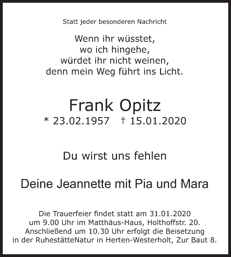  Traueranzeige für Frank Opitz vom 25.01.2020 aus Medienhaus Bauer