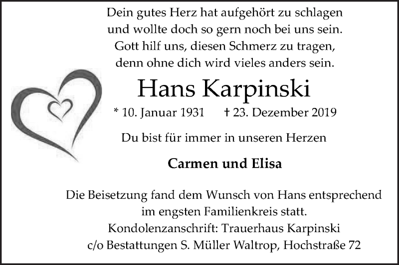  Traueranzeige für Hans Karpinski vom 04.01.2020 aus Medienhaus Bauer