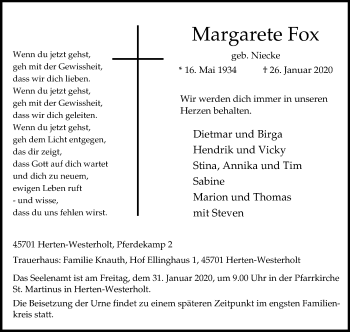 Traueranzeige von Margarete Fox von Medienhaus Bauer