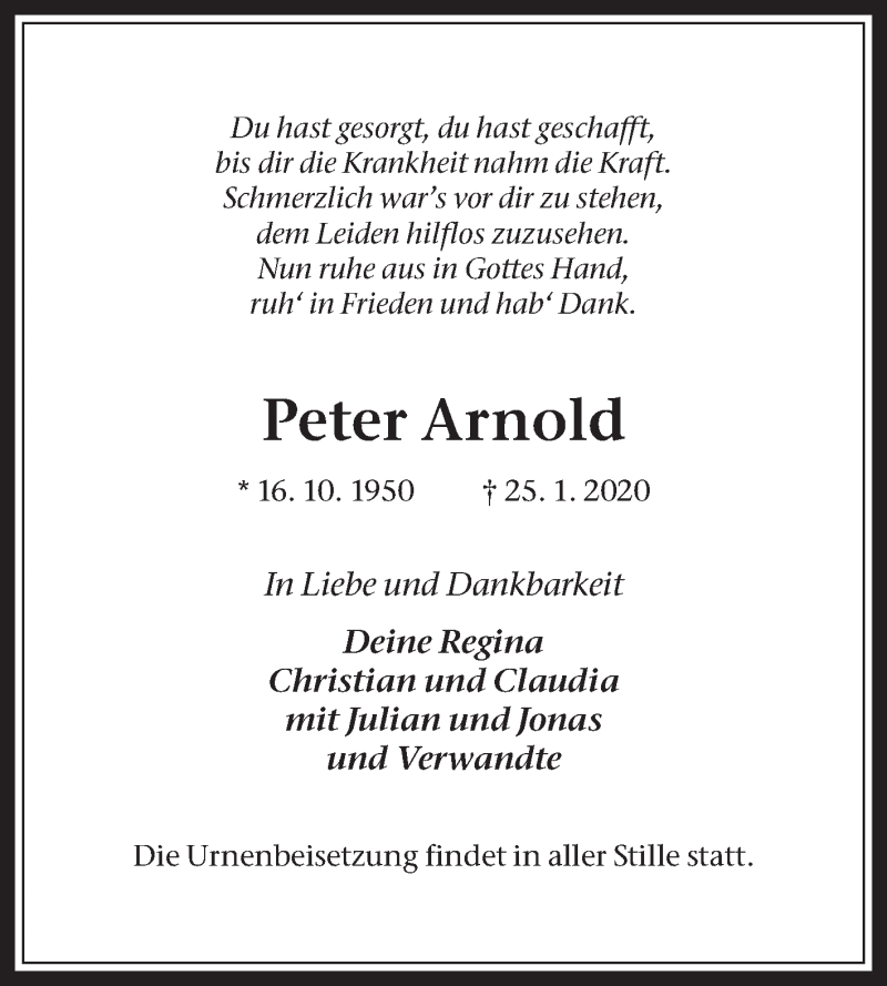  Traueranzeige für Peter Arnold vom 01.02.2020 aus Medienhaus Bauer