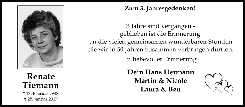  Traueranzeige für Renate Tiemann vom 25.01.2020 aus Medienhaus Bauer