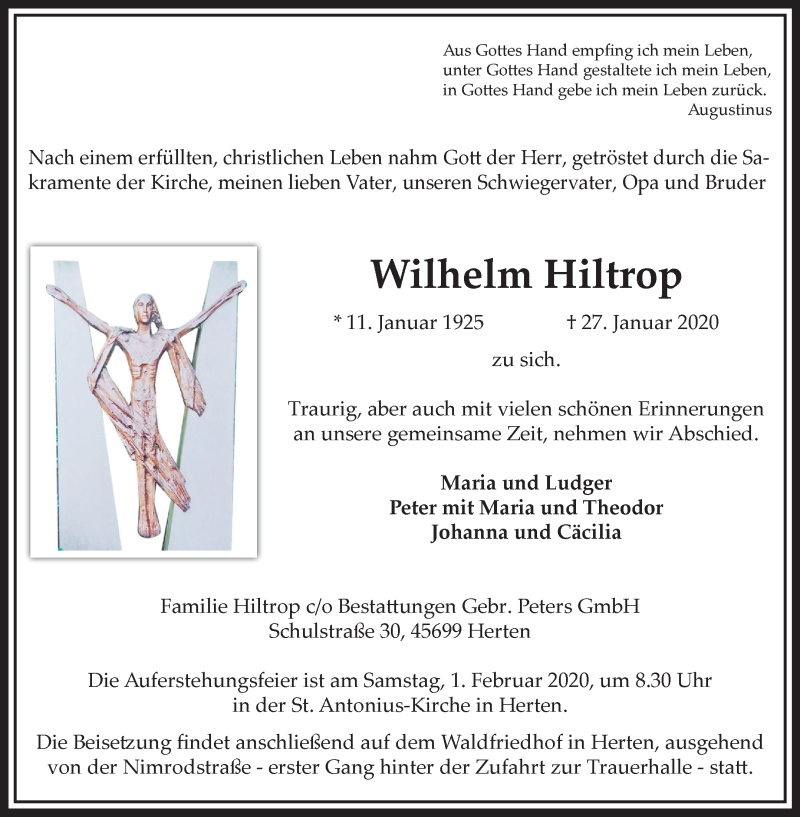  Traueranzeige für Wilhelm Hiltrop vom 31.01.2020 aus Medienhaus Bauer