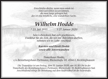 Traueranzeige von Wilhelm Hodde von Medienhaus Bauer