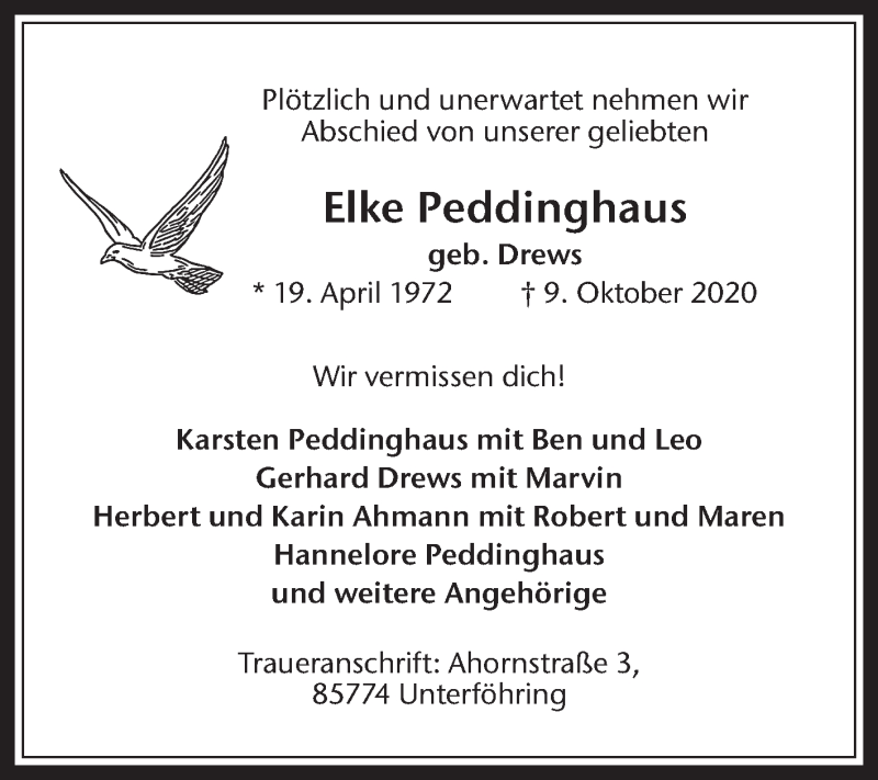  Traueranzeige für Elke Peddinghaus vom 17.10.2020 aus Medienhaus Bauer