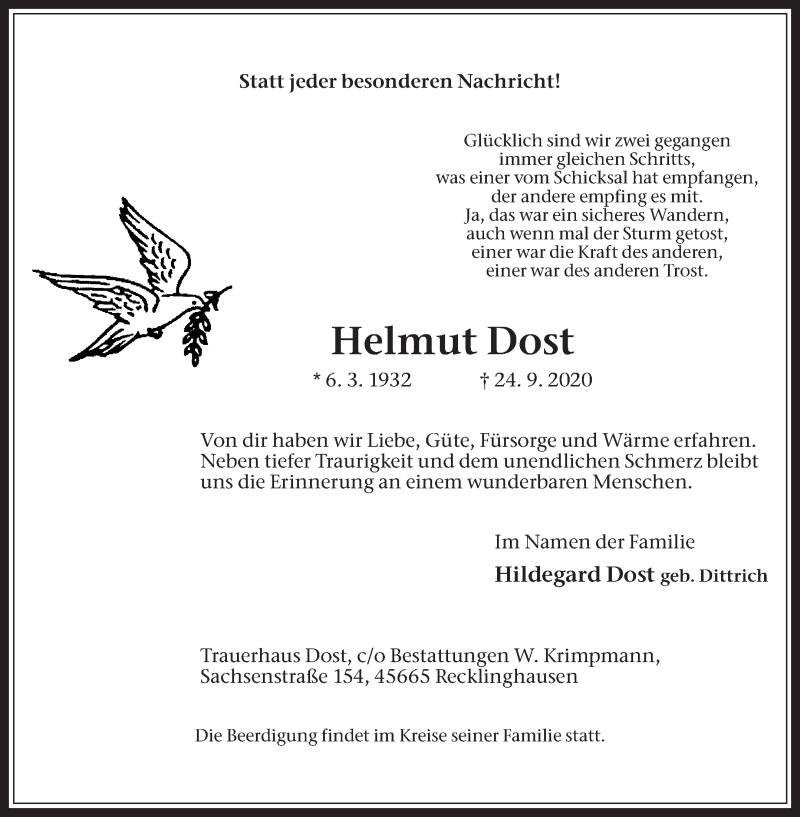 Traueranzeige für Helmut Dost vom 03.10.2020 aus Medienhaus Bauer