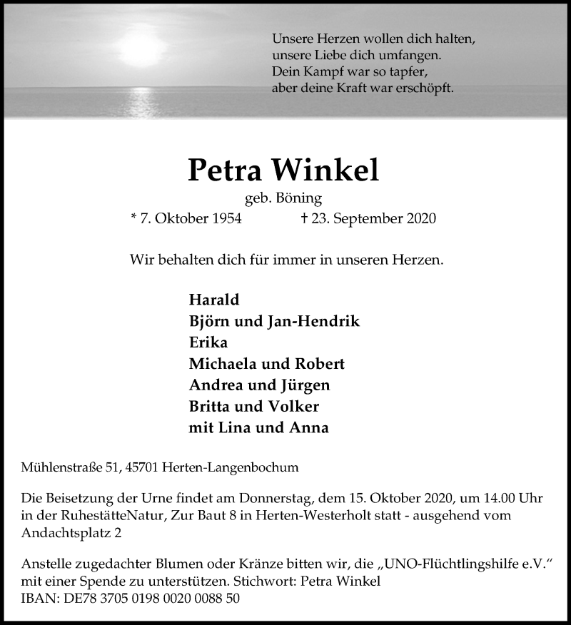  Traueranzeige für Petra Winkel vom 08.10.2020 aus Medienhaus Bauer