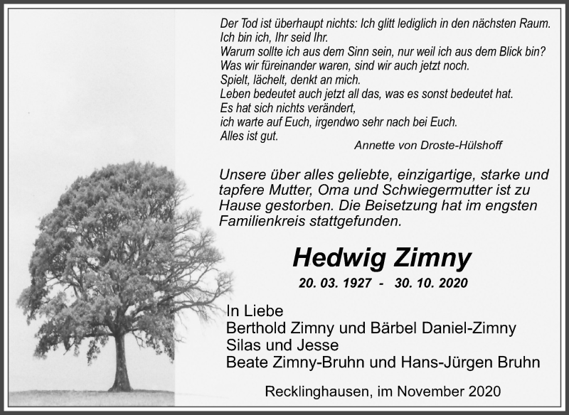  Traueranzeige für Hedwig Zimny vom 07.11.2020 aus Medienhaus Bauer