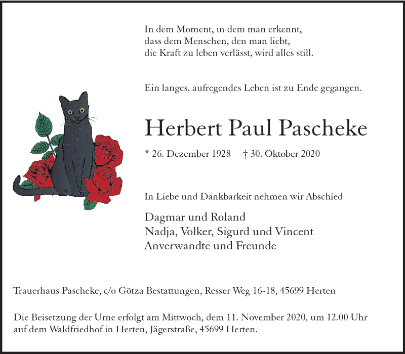  Traueranzeige für Herbert Paul Pascheke vom 07.11.2020 aus Medienhaus Bauer