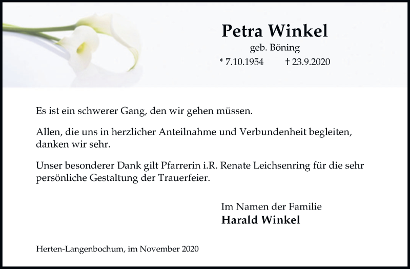  Traueranzeige für Petra Winkel vom 18.11.2020 aus Medienhaus Bauer