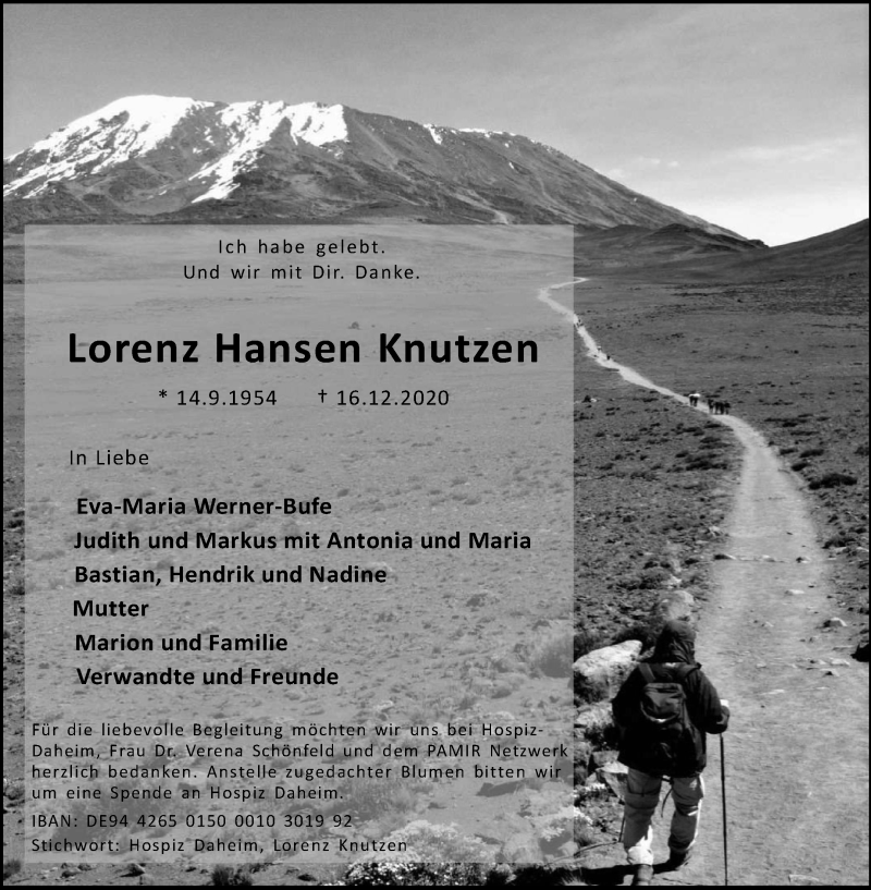 Traueranzeige für Lorenz Hansen Knutzen vom 19.12.2020 aus Medienhaus Bauer