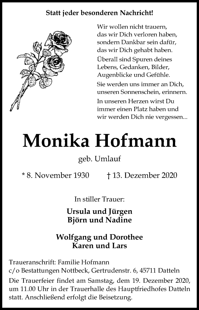  Traueranzeige für Monika Hofmann vom 17.12.2020 aus Medienhaus Bauer