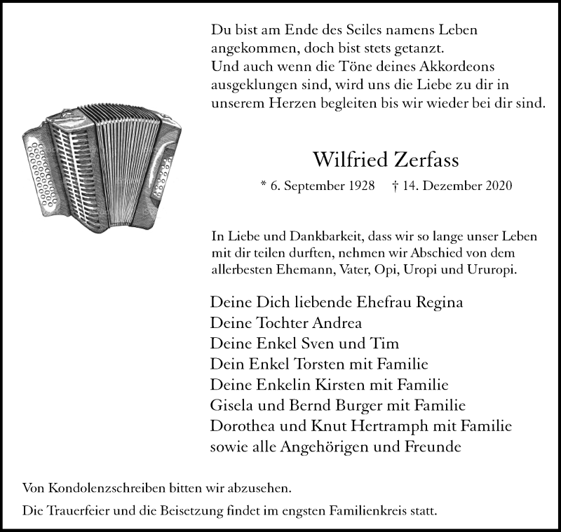  Traueranzeige für Wilfried Zerfass vom 19.12.2020 aus Medienhaus Bauer