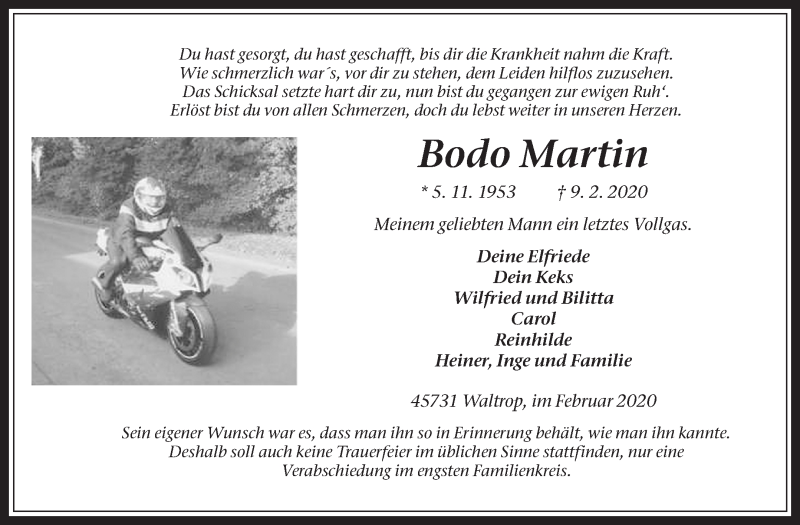  Traueranzeige für Bodo Martin vom 12.02.2020 aus Medienhaus Bauer