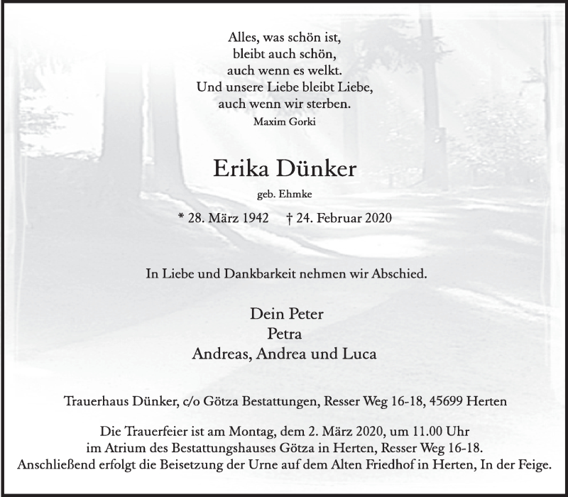  Traueranzeige für Erika Dünker vom 26.02.2020 aus Medienhaus Bauer