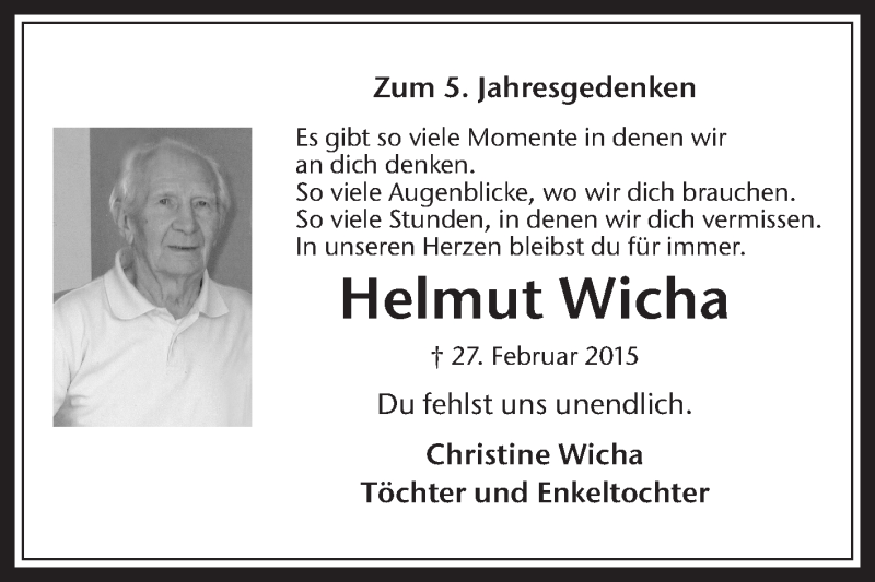  Traueranzeige für Helmut Wicha vom 27.02.2020 aus Medienhaus Bauer