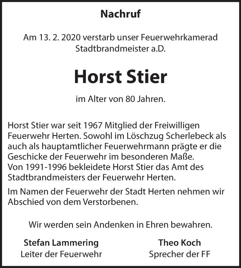  Traueranzeige für Horst Stier vom 24.02.2020 aus Medienhaus Bauer