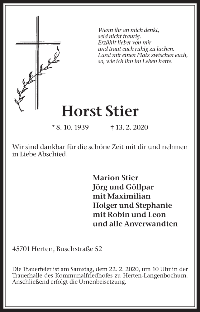  Traueranzeige für Horst Stier vom 17.02.2020 aus Medienhaus Bauer