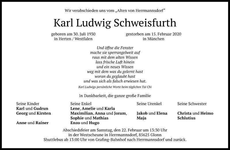  Traueranzeige für Karl Ludwig Schweisfurth vom 19.02.2020 aus Medienhaus Bauer