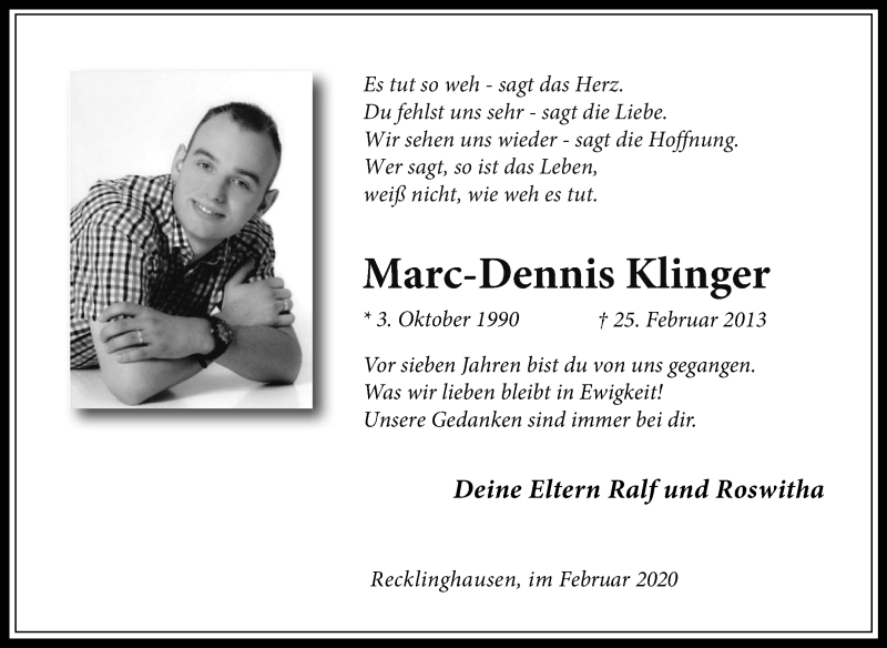  Traueranzeige für Marc-Dennis Klinger vom 25.02.2020 aus Medienhaus Bauer