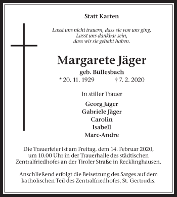 Traueranzeigen von Margarete Jäger | sich-erinnern.de
