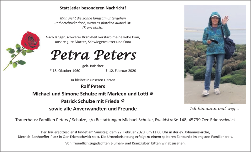  Traueranzeige für Petra Peters vom 15.02.2020 aus Medienhaus Bauer