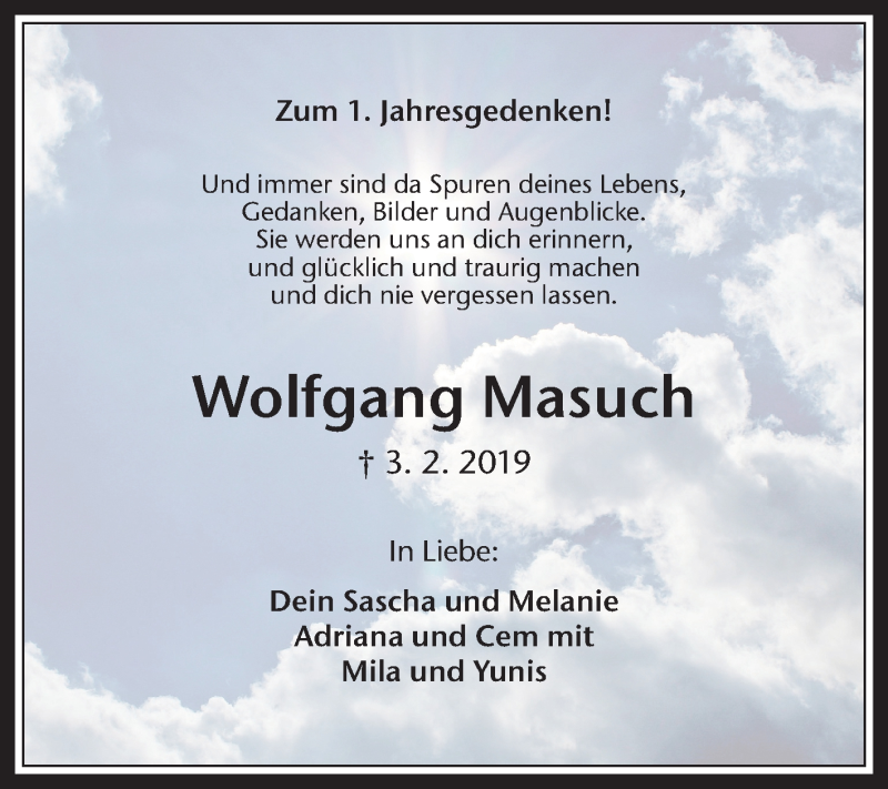  Traueranzeige für Wolfgang Masuch vom 03.02.2020 aus Medienhaus Bauer