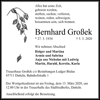 Traueranzeige von Bernhard Großek von Medienhaus Bauer