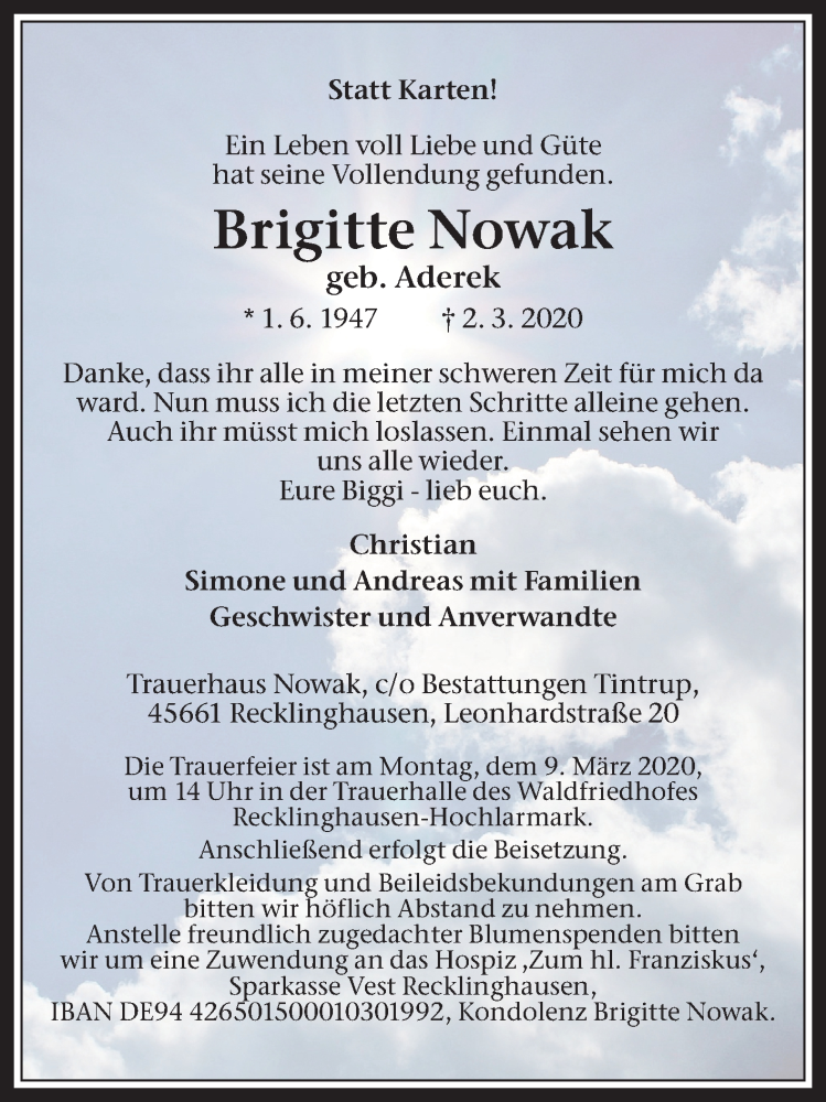  Traueranzeige für Brigitte Nowak vom 04.03.2020 aus Medienhaus Bauer