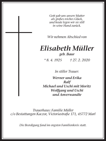Traueranzeige von Elisabeth Müller von Medienhaus Bauer