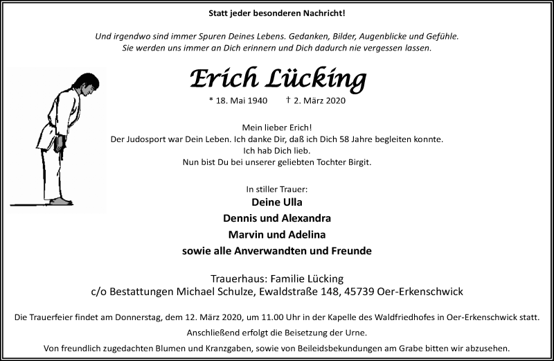 Traueranzeige für Erich Lücking vom 07.03.2020 aus Medienhaus Bauer