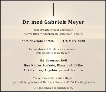 Traueranzeige von Gabriele Meyer von Medienhaus Bauer
