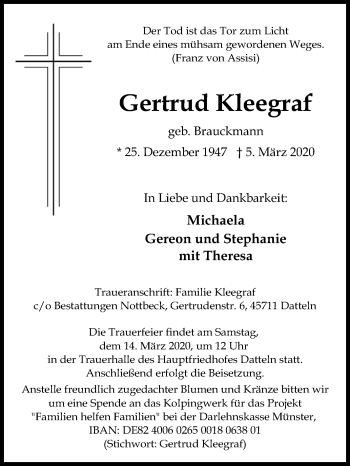 Traueranzeige von Gertrud Kleegraf von Medienhaus Bauer