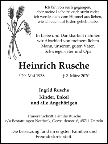 Traueranzeige von Heinrich Rusche von Medienhaus Bauer