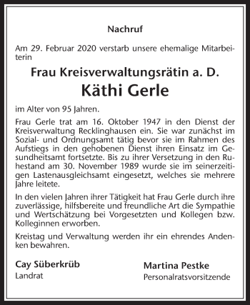 Traueranzeige von Käthi Gerle von Medienhaus Bauer