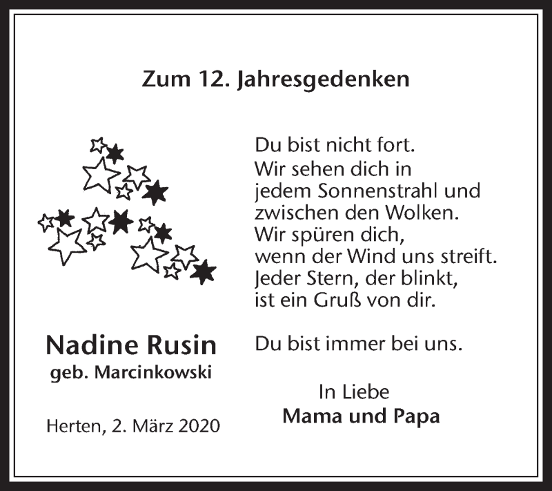  Traueranzeige für Nadine Rusin vom 02.03.2020 aus Medienhaus Bauer