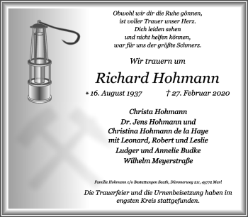 Traueranzeige von Richard Hohmann von Medienhaus Bauer