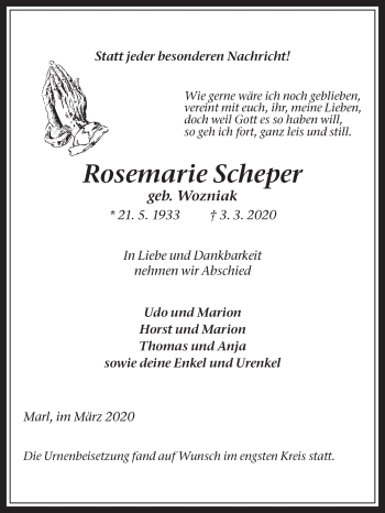 Traueranzeige von Rosemarie Scheper von Medienhaus Bauer
