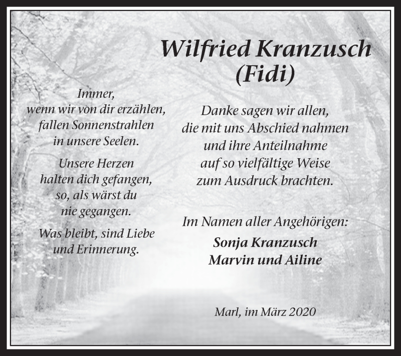  Traueranzeige für Wilfried Kranzusch vom 25.03.2020 aus Medienhaus Bauer