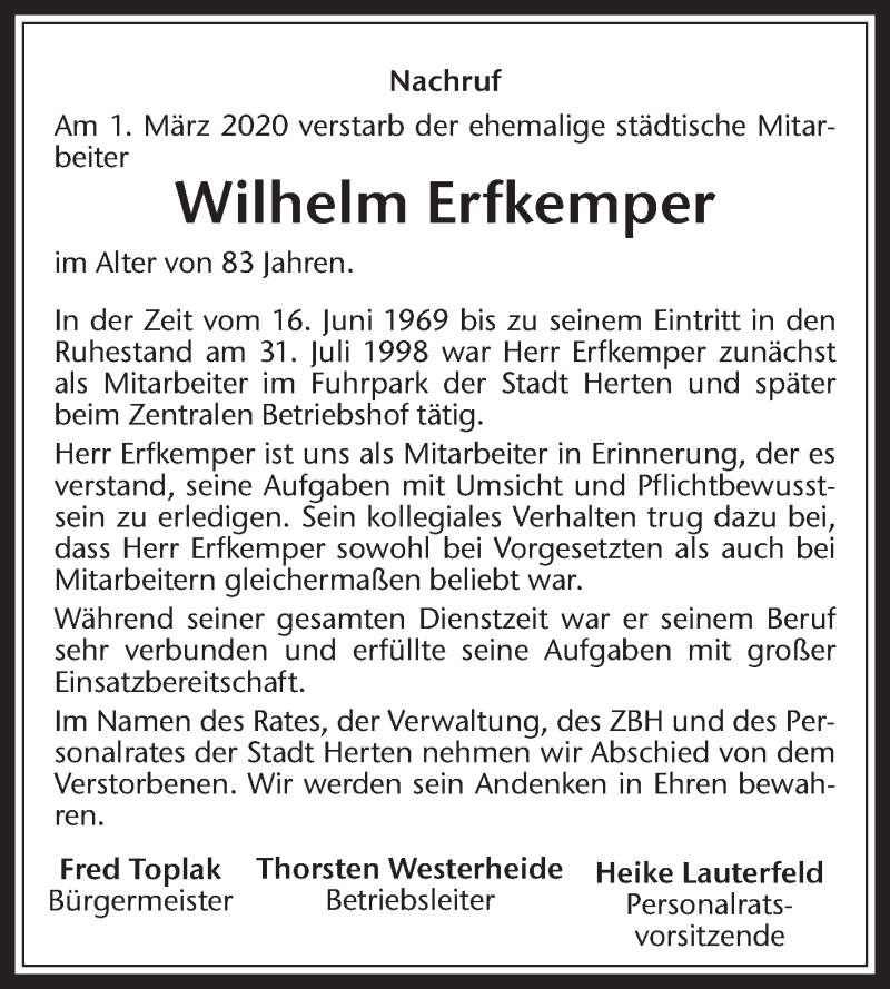  Traueranzeige für Wilhelm Erfkemper vom 09.03.2020 aus Medienhaus Bauer