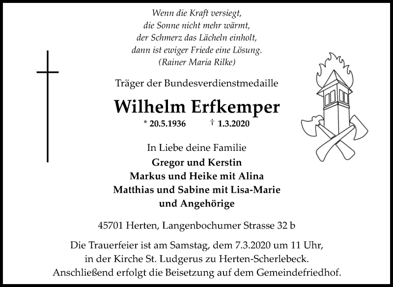  Traueranzeige für Wilhelm Erfkemper vom 03.03.2020 aus Medienhaus Bauer