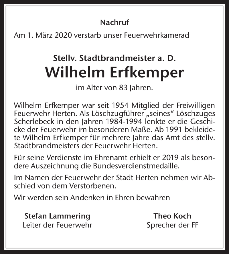  Traueranzeige für Wilhelm Erfkemper vom 09.03.2020 aus Medienhaus Bauer