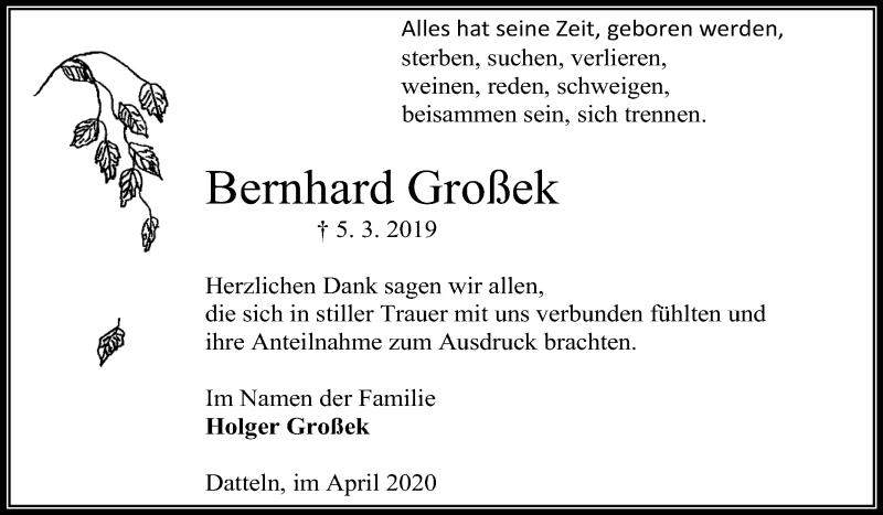  Traueranzeige für Bernhard Großek vom 18.04.2020 aus Medienhaus Bauer