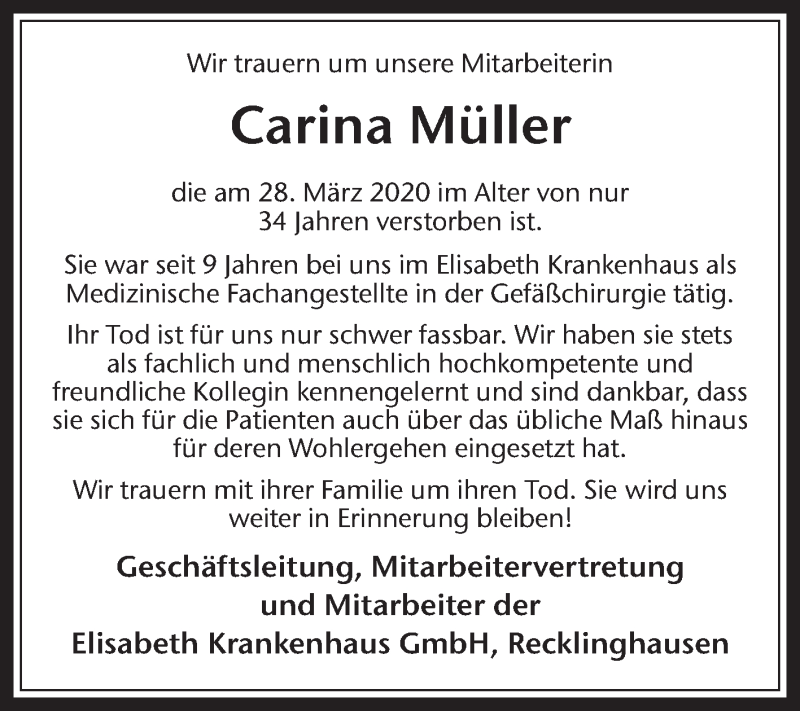  Traueranzeige für Carina Müller vom 04.04.2020 aus Medienhaus Bauer