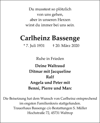 Traueranzeige von Carlheinz Bassenge von Medienhaus Bauer