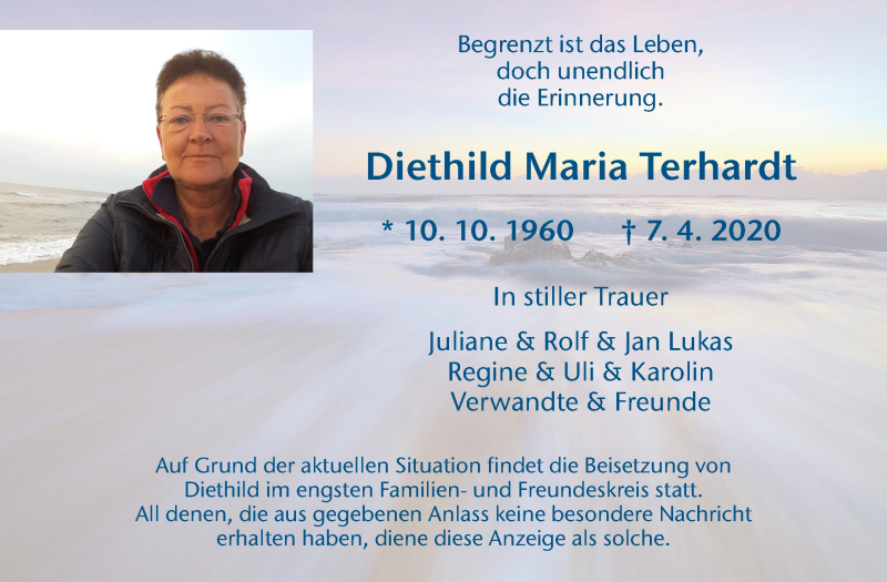  Traueranzeige für Diethild Maria Terhardt vom 11.04.2020 aus Medienhaus Bauer