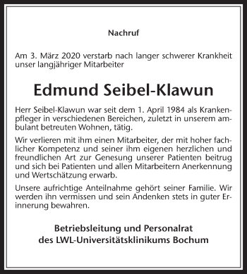 Traueranzeige von Edmund Seibel-Klawun von Medienhaus Bauer