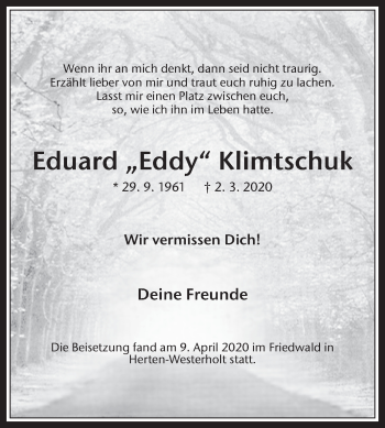 Traueranzeige von Eduard Klimtschuk von Medienhaus Bauer